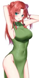 Rule 34 | 1girl, aqua eyes, artist name, blush, braid, breasts, china dress, chinese clothes, closed mouth, covered navel, cowboy shot, dress, green dress, groin, hands in hair, highres, hong meiling, large breasts, long hair, red hair, shinonome asu, signature, simple background, smile, solo, tongue, tongue out, touhou, twin braids, white background