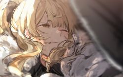 Rule 34 | 1girl, arknights, black bow, black shirt, blemishine (arknights), blonde hair, blurry, bow, commentary, depth of field, hair bow, highres, jacket, long hair, one eye closed, portrait, ryat, shirt, sketch, solo, sweatdrop, white jacket, yellow eyes