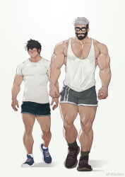 Rule 34 | 2boys, arm hair, bara, beard, black-framed eyewear, black shorts, blush, borrowed character, character request, chest hair, facial hair, full body, glasses, grey hair, grey shorts, hairy, highres, large pectorals, leg hair, long sideburns, looking at another, looking to the side, male focus, mature male, multicolored hair, multiple boys, muscular, muscular male, mustache, old, old man, original, pectorals, selkiro, shoes, short hair, shorts, shy, sideburns, sneakers, tank top, thick eyebrows, thick mustache, thighs, two-tone hair, veins, veiny arms, walking, white tank top, yaoi