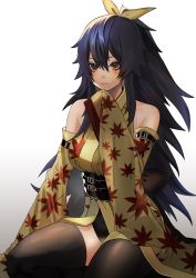 Rule 34 | 1girl, bare shoulders, black hair, black thighhighs, closed mouth, eden&#039;s zero, full body, hair ribbon, highres, homura kogetsu, leaf print, long hair, looking at viewer, maple leaf print, mole, mole under eye, or om7, red eyes, ribbon, seiza, simple background, sitting, solo, thighhighs, white background, wide sleeves, yellow ribbon