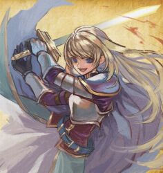 1girl :d armor belt belt_buckle black_gloves blonde_hair blue_belt blue_cape blue_eyes breastplate buckle cape elona gloves golden_knight_(elona) holding holding_sword holding_weapon long_hair mimimikan open_mouth shoulder_armor smile solo sword teeth upper_teeth_only v-shaped_eyebrows vambraces weapon