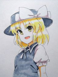 Rule 34 | 1girl, black hat, black vest, blonde hair, bow, breasts, fedora, haramin3, hat, hat bow, highres, open mouth, puffy short sleeves, puffy sleeves, ribbon, short hair, short sleeves, simple background, small breasts, solo, touhou, touhou (pc-98), traditional media, vest, white background, white bow, white neckwear, white ribbon, yellow eyes, yuki (touhou)