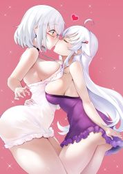 2girls, ahoge, ass, bangs, blush, breast press, breasts, choker, constricted pupils, covered navel, dress, glasses, hair ornament, hairclip, hand on another&#039;s hip, heart, highres, kiss, large breasts, long hair, multiple girls, original, pink background, purple dress, rimless eyewear, short dress, short hair, simple background, strap gap, strapless, strapless dress, sym., symmetrical docking, white dress, white hair, xiaodi, yellow eyes, yuri