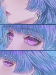 1girl blue_background blue_hair close-up commentary earrings english_commentary expressionless eye_focus eyeliner from_side glitter_makeup hamel_(path_to_nowhere) highres jewelry lips makeup mouth_focus parted_lips path_to_nowhere profile purple_eyes signature solo xaviedrk