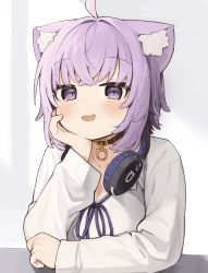 Rule 34 | 1girl, :d, absurdres, ahoge, animal ear fluff, animal ears, black collar, black ribbon, blush, breasts, cat ears, cleavage, collar, collared shirt, commentary request, dress shirt, fang, hair intakes, headphones, headphones around neck, highres, hololive, long hair, looking at viewer, medium breasts, neck ribbon, nekomata okayu, nekomata okayu (oversized shirt), open mouth, purple eyes, purple hair, ribbon, seramikku, shirt, sleeves past wrists, smile, solo, upper body, virtual youtuber, white shirt
