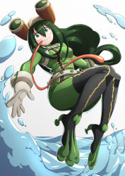 Rule 34 | 10s, 1girl, absurdres, asui tsuyu, black footwear, black thighhighs, bodysuit, boku no hero academia, boots, frog girl, gloves, goggles, goggles on head, green eyes, green hair, hair rings, highres, jumping, long hair, long tongue, low-tied long hair, matching hair/eyes, solo, split-toe footwear, thigh boots, thighhighs, tongue, tongue out, unknown (dgraymem), water, white gloves
