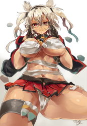 Rule 34 | 10s, 1girl, bad id, bad pixiv id, breasts, dark-skinned female, dark skin, glasses, himuro shunsuke, kantai collection, large breasts, looking at viewer, miniskirt, musashi (kancolle), pointy hair, red eyes, sarashi, skirt, smile, solo, two side up