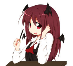 Rule 34 | 1girl, :d, bat wings, detached wings, dress shirt, eyes visible through hair, food, head wings, koakuma, long hair, looking at viewer, mini wings, nanana (chicken union), open mouth, pocky, red eyes, red hair, shirt, smile, solo, touhou, wings