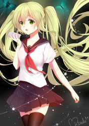 Rule 34 | 1girl, absurdres, black sailor collar, black skirt, black thighhighs, bug, butterfly, cellphone, collarbone, cowboy shot, floating hair, green eyes, green hair, hair between eyes, hatsune miku, highres, holding, holding phone, insect, long hair, miniskirt, neckerchief, open mouth, phone, pleated skirt, red neckerchief, rhode, sailor collar, school uniform, serafuku, shirt, short sleeves, signature, skirt, smartphone, solo, standing, thighhighs, twintails, very long hair, vocaloid, white shirt, zettai ryouiki