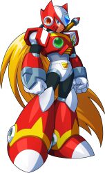 Rule 34 | 1boy, absurdres, armor, blonde hair, blue eyes, chest jewel, clenched hands, forehead jewel, full body, helmet, hi-go!, highres, long hair, looking at viewer, male focus, mega man (series), mega man x (series), ponytail, red armor, red footwear, red helmet, serious, shoulder armor, simple background, solo, white background, z saber, zero (mega man)