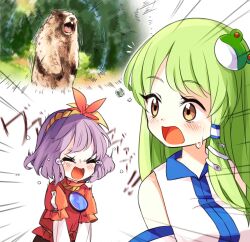 Rule 34 | 2girls, aged down, alternate eye color, autumn leaves, blush, brown eyes, child, closed eyes, collared shirt, commentary request, detached sleeves, frog hair ornament, green hair, hair ornament, highres, kochiya sanae, leaf hair ornament, long hair, looking at another, marmot, meme, mirror, multiple girls, open mouth, puffy short sleeves, puffy sleeves, purple hair, red shirt, rope, screaming marmot (meme), shimenawa, shirt, short hair, short sleeves, shouting, single hair tube, single sidelock, sleeveless, sleeveless shirt, snake hair ornament, tantrum, tatuhiro, tearing up, touhou, upper body, white shirt, white sleeves, yasaka kanako