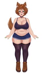 Rule 34 | 1girl, absurdres, ahoge, animal ear fluff, animal ears, arms at sides, blush, boots, breasts, brown hair, brown tail, choker, cleavage, dog girl, full body, glasses, green eyes, green nails, highres, indie virtual youtuber, large breasts, looking at viewer, medium hair, mint castella, navel, open hands, open mouth, plump, red-framed eyewear, second-party source, semi-rimless eyewear, short shorts, shorts, simple background, smile, solo, standing, straight-on, su niii, tail, tareme, thick thighs, thighhighs, thighs, virtual youtuber, white background