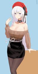 Rule 34 | 1girl, absurdres, aran sweater, azur lane, bare shoulders, belfast (azur lane), belfast (shopping with the head maid) (azur lane), beret, black skirt, blue background, breasts, brown sweater, cable knit, choker, cleavage, earrings, food, hat, highres, hoop earrings, jewelry, large breasts, long hair, nail polish, off-shoulder sweater, off shoulder, official alternate costume, pantyhose, pencil skirt, pocky, red hat, simple background, skirt, solo, sweater, tokoro (4338), very long hair, white hair