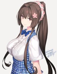 Rule 34 | 1girl, blouse, blue bow, blue bowtie, blue skirt, bow, bowtie, breasts, brown hair, buttons, cherry blossoms, closed mouth, dated, flower, from side, grey background, hair flower, hair intakes, hair ornament, kantai collection, large breasts, long hair, looking at viewer, pink eyes, plaid, plaid skirt, ponytail, rokuwata tomoe, shirt, short sleeves, sidelocks, simple background, skirt, smile, solo, suspender skirt, suspenders, twitter username, upper body, very long hair, white shirt, yamato (kancolle)