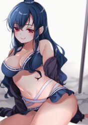 Rule 34 | 1girl, :q, backlighting, bare shoulders, blue hair, breasts, cleavage, commentary request, dark blue hair, hat, highres, iizunamaru megumu, indoors, large breasts, long hair, meimei (meimei89008309), off shoulder, pointy ears, red eyes, solo, tokin hat, tongue, tongue out, touhou, window