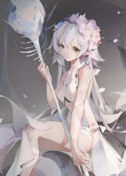 Rule 34 | 1girl, absurdres, arknights, armlet, bare arms, bare legs, bare shoulders, breasts, brown eyes, casual one-piece swimsuit, closed mouth, crocodilian tail, feet out of frame, flower, gradient background, grey background, hair flower, hair ornament, highres, long hair, looking at viewer, official alternate costume, one-piece swimsuit, pointy ears, see-through, silver hair, sitting, small breasts, solo, swimsuit, tail, tomimi (arknights), tomimi (silent night) (arknights), tracyton, very long hair, white flower, white one-piece swimsuit