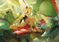 Rule 34 | 1girl, absurdres, alice in wonderland, bare legs, bare shoulders, barefoot, black bow, black bowtie, blonde hair, blue butterfly, bow, bowtie, bug, butterfly, butterfly on hand, commentary, dress, feet, fly agaric, full body, giant mushroom, hair between eyes, hair rings, highres, insect, knees together feet apart, knees up, leiq, long hair, mini person, minigirl, mushroom, nature, on mushroom, open mouth, outdoors, rabbit, red eyes, shian (synthesizer v), sitting, sitting on mushroom, snail, solo, sunlight, symbol-only commentary, synthesizer v, toes, very long hair, white dress