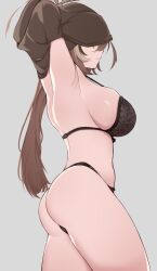 1girl armpits arms_up ass black_bra black_panties bra breasts brown_bra brown_hair brown_panties brown_ribbon brown_shirt clothes_lift commentary covered_eyes cowboy_shot english_commentary from_side grey_background hair_between_eyes hair_ribbon highres hololive hololive_english large_breasts lingerie long_hair median_furrow multicolored_hair nanashi_mumei open_mouth panties parted_lips ponytail ribbon shirt shirt_lift sideboob simple_background solo standing streaked_hair string_panties thighs thong underwear undressing virtual_youtuber zeropen