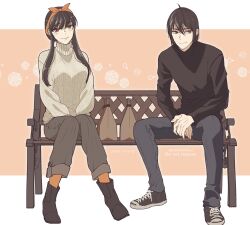 Rule 34 | 1boy, 1girl, ahoge, alternate costume, artist name, bench, black sweater, blush, boots, border, bow, breasts, brother and sister, brown footwear, brown hair, buttons, closed mouth, commentary request, fingernails, footwear bow, grey footwear, grey pants, hair between eyes, hairband, highres, long sleeves, looking at viewer, looking to the side, medium breasts, on bench, orange hairband, orange pantyhose, orange ribbon, outside border, own hands together, package, pants, pantyhose, pink background, puffy long sleeves, puffy sleeves, red eyes, ribbon, shoes, short hair, short hair with long locks, siblings, sidelocks, simple background, sitting, smile, sneakers, spy x family, sweater, takehide, turtleneck, two-tone footwear, watermark, white border, white bow, white sweater, yor briar, yuri briar