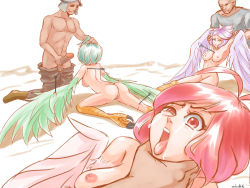 Rule 34 | 3boys, 3girls, arrow (projectile), asphyxiation, ass, back, blood, breasts, death, empty eyes, green eyes, green hair, guro, harpy, highres, imminent penetration, impaled, medium breasts, medium hair, monster girl, multiple boys, multiple girls, nude, purple eyes, purple hair, red eyes, red hair, strangling, strangulation, tears, veiled616, wings, wounds