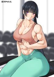 Rule 34 | 1girl, abs, absurdres, black hair, breasts, cleavage, cromwellb, dumbbell, highres, hime cut, large breasts, long bangs, long hair, looking to the side, muscular, muscular female, original, purple eyes, solo, sports bra, sportswear, sweat, tank top, thick thighs, thighs