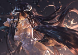 Rule 34 | 1girl, ahoge, albedo (overlord), angel wings, armpits, arms up, azomo, black hair, breasts, closed mouth, feathers, gloves, hair between eyes, highres, horns, large breasts, long hair, looking at viewer, looking away, looking down, overlord (maruyama), signature, solo, very long hair, white gloves, wings, yellow eyes