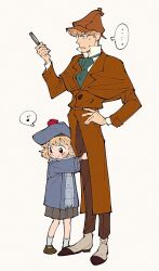 Rule 34 | ..., 1boy, 1girl, ascot, basil (mouse), black eyes, blonde hair, blue hat, blue jacket, blush stickers, bright pupils, brown coat, brown footwear, brown hat, brown pants, coat, commentary, deerstalker, full body, green ascot, grey skirt, grimace, hand on own hip, hat, height difference, highres, holding, holding magnifying glass, hugging another&#039;s leg, humanization, jacket, magnifying glass, mary janes, musical note, olivia flaversham, pants, pleated skirt, shoes, skirt, smile, socks, spoken ellipsis, spoken musical note, sweatdrop, symbol-only commentary, the great mouse detective, uochandayo, white pupils, white socks
