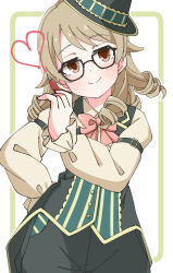 Rule 34 | 1girl, absurdres, arm behind back, arm belt, black-framed eyewear, border, bow, bowtie, brown eyes, collared shirt, commentary request, drill hair, frilled sleeves, frills, glasses, green hat, green pants, green vest, hair flaps, hand up, hat, head tilt, heart, highres, idolmaster, idolmaster cinderella girls, light brown hair, long sleeves, looking at viewer, mako640, morikubo nono, pants, pink bow, pink bowtie, shirt, simple background, smug, solo, striped clothes, vertical-striped clothes, vest, waistcoat
