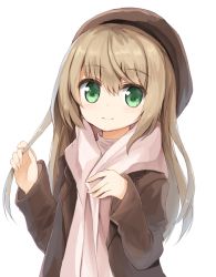 Rule 34 | 1girl, blush, brown coat, closed mouth, coat, green eyes, hair between eyes, hands up, holding, holding own hair, light brown hair, long hair, long sleeves, looking at viewer, open clothes, open coat, original, pink scarf, scarf, simple background, smile, solo, very long hair, white background, yuuhagi (amaretto-no-natsu)