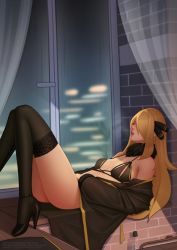 Rule 34 | 1girl, alternate costume, blonde hair, bottle, breasts, brick wall, commentary, creatures (company), curtains, cynthia (pokemon), deilan12, english commentary, from side, fur collar, game freak, hair ornament, hair over one eye, high heels, highres, indoors, long hair, lying, nintendo, off shoulder, on back, open mouth, pokemon, pokemon dppt, sidelocks, solo, teeth, thighhighs, tongue, upper teeth only, watermark, web address, window