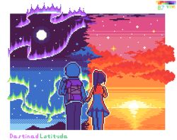 Rule 34 | 1boy, 1girl, absurdres, aurora, backpack, bag, cloud, cloudy sky, color wheel challenge, english text, evening, full moon, highres, holding hands, horizon, moon, mountainous horizon, multiple drawing challenge, night, original, pixel art, sky, star (sky), starry sky, sunset, tomoruka mr