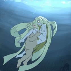 Rule 34 | 1boy, 1girl, blonde hair, creatures (company), eye contact, fat, fat man, featureless breasts, featureless crotch, game freak, highres, long hair, looking at another, lusamine (pokemon), mohn (pokemon), nintendo, pokemon, pokemon sm, underwater