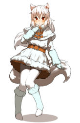 Rule 34 | 10s, 1girl, :o, adjusting clothes, albino, amonitto, animal ears, arctic fox (kemono friends), arm at side, arm warmers, belt, blue gloves, blurry, blush, brown belt, brown ribbon, capelet, dress, eyelashes, fox ears, fox tail, full body, fur-trimmed capelet, fur-trimmed dress, fur-trimmed legwear, fur trim, gloves, hair between eyes, kemono friends, kneehighs, knees together feet apart, leg lift, long hair, long sleeves, looking at viewer, neck ribbon, open mouth, pantyhose, red eyes, ribbon, shadow, simple background, socks, socks over pantyhose, solo, standing, standing on one leg, tail, tsurime, white background, white dress, white hair, white socks