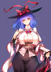 Rule 34 | 1girl, absurdres, ascot, black skirt, bow, capelet, clothes lift, cowboy shot, curvy, eyelashes, hat, hat bow, hat ribbon, high collar, highres, hip focus, lifted by self, long skirt, looking at viewer, medium hair, nagae iku, narrow waist, purple eyes, raptor7, red ascot, red eyes, red ribbon, ribbon, shawl, skirt, skirt lift, solo, touhou, wavy hair, white capelet, wide hips