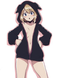 Rule 34 | 1girl, alternate costume, blonde hair, blue eyes, blush, breasts, contrapposto, erica hartmann, gluteal fold, hands on own hips, hood, hoodie, liar lawyer, looking at viewer, naked hoodie, navel, small breasts, solo, strike witches, unzipped, white background, world witches series