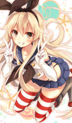 Rule 34 | 10s, 1girl, black thighhighs, blonde hair, brown eyes, double v, elbow gloves, gloves, hairband, highleg, highleg panties, kantai collection, long hair, looking at viewer, panties, personification, pleated skirt, shimakaze (kancolle), skirt, smile, solo, striped clothes, striped thighhighs, thighhighs, thong, toosaka asagi, underwear, v