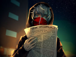 Rule 34 | 1boy, blue eyes, blurry, blurry background, building, covered mouth, english text, fisheye placebo, frey (fisheye placebo), highres, holding, hood, hoodie, male focus, mask, mouth mask, newspaper, night, poster (object), short hair, silver hair, sky, solo, star (sky), starry sky, yuumei