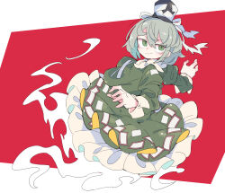 Rule 34 | 1girl, absurdres, black hat, closed mouth, dress, frilled dress, frills, full body, ghost tail, green dress, green eyes, green hair, hair between eyes, hat, highres, juliet sleeves, long sleeves, massakasama, ofuda, ofuda on clothes, puffy sleeves, short hair, smile, soga no tojiko, solo, tate eboshi, touhou