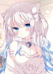 Rule 34 | 1girl, animal ear fluff, animal ears, aqua eyes, aqua hair, bandaid, bandaid on arm, bandaid on face, bare shoulders, bell, blurry, blurry background, blush, bow, breasts, collarbone, commentary request, commission, hair between eyes, hair ornament, highres, indie virtual youtuber, jacket, long hair, looking at viewer, mashirone mimiy, medium breasts, neck bell, off shoulder, parted lips, shirt, sidelocks, skeb commission, solo, suisei 1121, twintails, upper body, virtual youtuber, white bow, white hair, white jacket, white shirt, x hair ornament