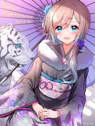 Rule 34 | 1girl, :d, black kimono, blonde hair, blue eyes, blue hair, eyelashes, facial mark, fang, floral print, flower, gradient hair, hair flower, hair ornament, hair scrunchie, highres, japanese clothes, kimono, long sleeves, looking at viewer, multicolored hair, nengajou, new year, obi, oil-paper umbrella, open mouth, original, purple nails, purple scrunchie, sash, scrunchie, smile, solo, streaked hair, tiger, toki (toki ship8), tongue, twitter username, umbrella, wide sleeves