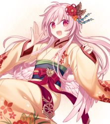 Rule 34 | 1girl, commentary request, hair between eyes, hijiri (resetter), japanese clothes, kimono, long hair, looking at viewer, low wings, open mouth, original, pink eyes, pink hair, simple background, solo, tongue, very long hair, white background, wings