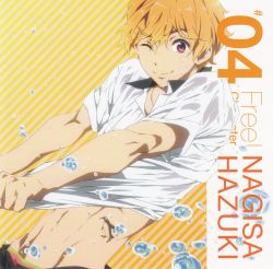 Rule 34 | 10s, 1boy, album cover, bird, blonde hair, character name, character single, copyright name, cover, free!, hazuki nagisa, highres, male focus, official art, penguin, red eyes, solo, tattoo, wink