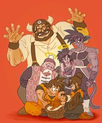Rule 34 | 2girls, 5boys, 6rocoli, ^ ^, aged down, armor, arms behind back, baby, bardock, basket, beard, black hair, boots, broken armor, chi-chi (dragon ball), chinese clothes, closed eyes, commentary request, couple, crossed legs, dougi, dragon ball, dragon ball (classic), dragon ball super, dragon ball super broly, dragonball z, earrings, facial hair, family, father and daughter, father and son, full body, gine, glasses, grandfather and grandson, grandpa gohan, gyuu mao, halo, hands up, happy, hat, height difference, hetero, highres, horns, jewelry, kneeling, long sleeves, looking at another, looking down, mother and son, multiple boys, multiple girls, mustache, profile, red background, seiza, shadow, short hair, simple background, sitting, sleeping, smile, son gohan, son goku, standing, suspenders, tail, teeth, wide sleeves