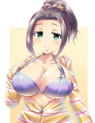 Rule 34 | 10s, 1girl, black hair, bra, breasts, cleavage, collarbone, ebihara naho, gagaga, green eyes, hair ornament, idolmaster, idolmaster cinderella girls, large breasts, looking at viewer, open clothes, open shirt, ponytail, shirt, smile, solo, underwear, unzipped