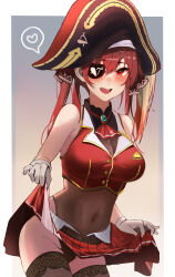 Rule 34 | 1girl, absurdres, ascot, black choker, black hat, black leotard, black thighhighs, blush, breasts, choker, cleavage, clothes lift, covered navel, cropped jacket, eyepatch, frilled choker, frills, gloves, hair ornament, hair ribbon, hat, highres, hololive, houshou marine, jacket, large breasts, leotard, leotard under clothes, long hair, looking at viewer, mamo (user jjca7524), miniskirt, navel, open mouth, pirate hat, pleated skirt, red ascot, red eyes, red hair, red jacket, red ribbon, red skirt, ribbon, see-through, see-through cleavage, skirt, skirt lift, sleeveless, sleeveless jacket, smile, solo, teeth, thighhighs, thighs, twintails, upper teeth only, virtual youtuber, white gloves