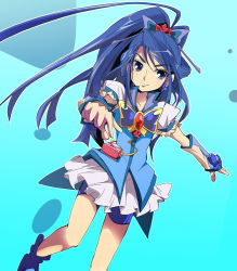 Rule 34 | 00s, 1girl, aqua background, blue shorts, blue theme, butterfly hair ornament, cure aqua, female focus, flower, hair ornament, ixy, magical girl, minazuki karen, precure, red flower, red rose, rose, shorts, shorts under skirt, solo, wide ponytail, yes! precure 5, yes! precure 5 gogo!