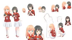 3girls absurdres animification aqua_eyes black_hair blunt_bangs blunt_ends blush cardboard_cutout cd_case commentary crossed_bangs dress flower flower_knot green_eyes grey_dress hair_flower hair_ornament half-heart_hands hanazora_satsuki hasu_no_sora_school_uniform highres hinoshita_kaho hokuriku_idol-bu holding holding_case holding_microphone index_finger_raised kneehighs link!_like!_love_live! love_live! medium_hair medium_skirt microphone momose_ginko multiple_girls multiple_views nirei_nozomi orange_hair pinafore_dress pleated_skirt pointing pointing_at_viewer rabbit_hair_ornament red_shirt sakurai_hina school_uniform shirt short_hair short_sleeves simple_background skirt sleeveless sleeveless_dress socks squatting standing summer_uniform tatsumi_mikuru textless_version towel towel_around_neck two_side_up virtual_youtuber white_background white_shirt white_skirt white_socks yellow_shirt zweigen_kanazawa