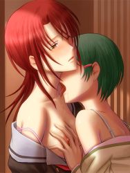 Rule 34 | 2girls, bonnie (rsg), grabbing another&#039;s breast, breasts, clothes down, collarbone, grabbing, green hair, hair intakes, hino kahoko, licking, licking another&#039;s neck, long hair, multiple girls, nipples, one eye closed, open mouth, red hair, short hair, small breasts, strap slip, upper body, yellow eyes, yuri