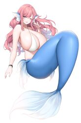Rule 34 | 1girl, absurdres, bikini, blue eyes, breasts, commission, criss-cross halter, cross, fins, halterneck, head fins, highres, huge breasts, mermaid, mole, monster girl, one eye closed, original, pink hair, simple background, skeb commission, smile, solo, suruga (xsurugax), swimsuit, white background