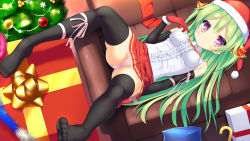 Rule 34 | 1girl, black thighhighs, box, breasts, character request, christmas, elbow gloves, feet, frilled shirt, frills, gift, gift box, gloves, green hair, hat, long hair, looking at viewer, no shoes, ochinsama, original, panties, pink panties, purple eyes, red gloves, ribbon, santa hat, shirt, skirt, small breasts, smile, solo, spread legs, thighhighs, toes, underwear